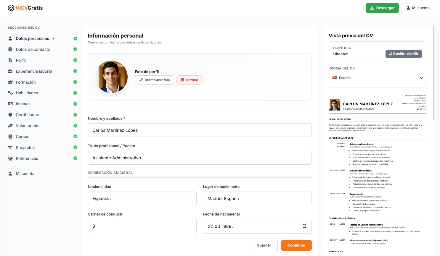 Panel de control de MiCVGratis mostrando el botón de descarga