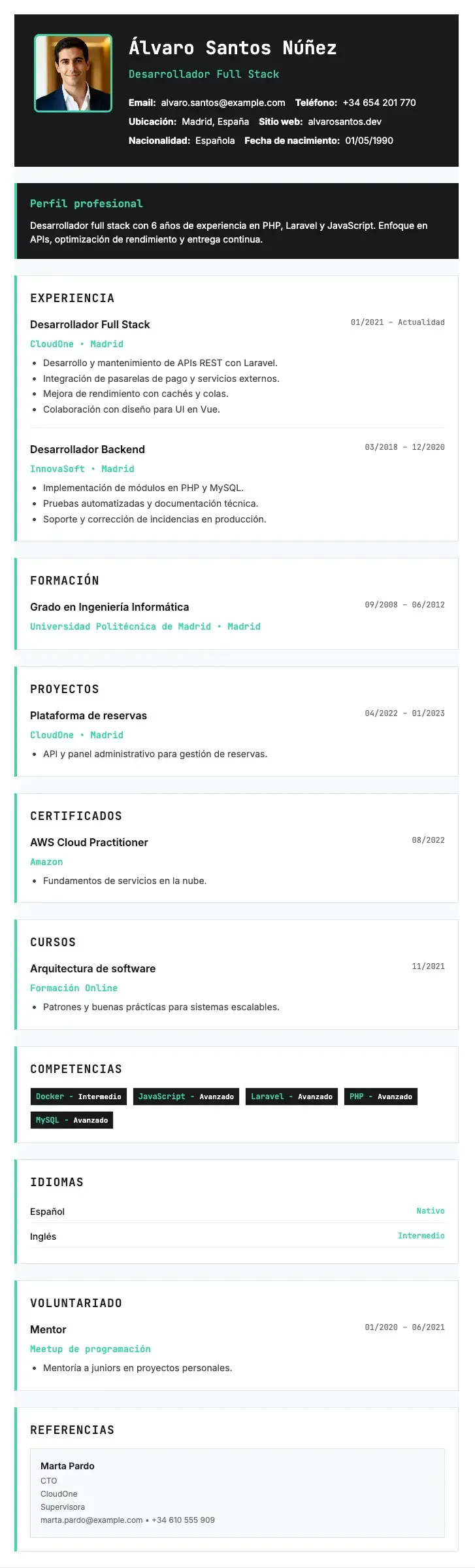 Ejemplo de CV de Desarrollador/a