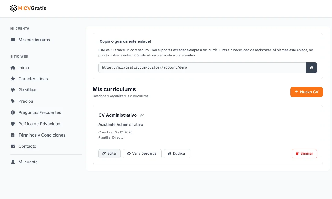 Duplicar o crear nuevo CV