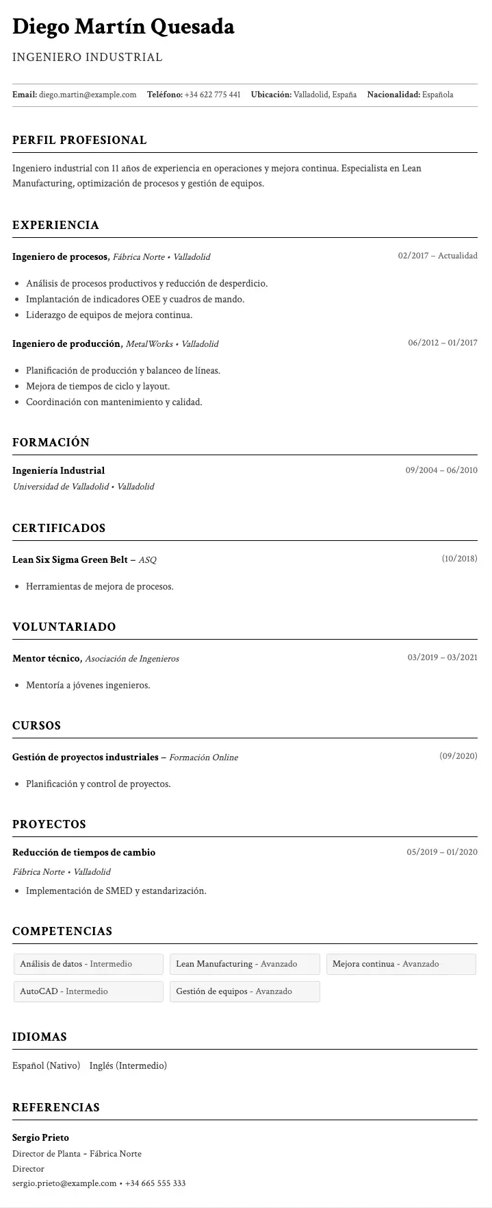 Ejemplo de CV de Ingeniero Industrial
