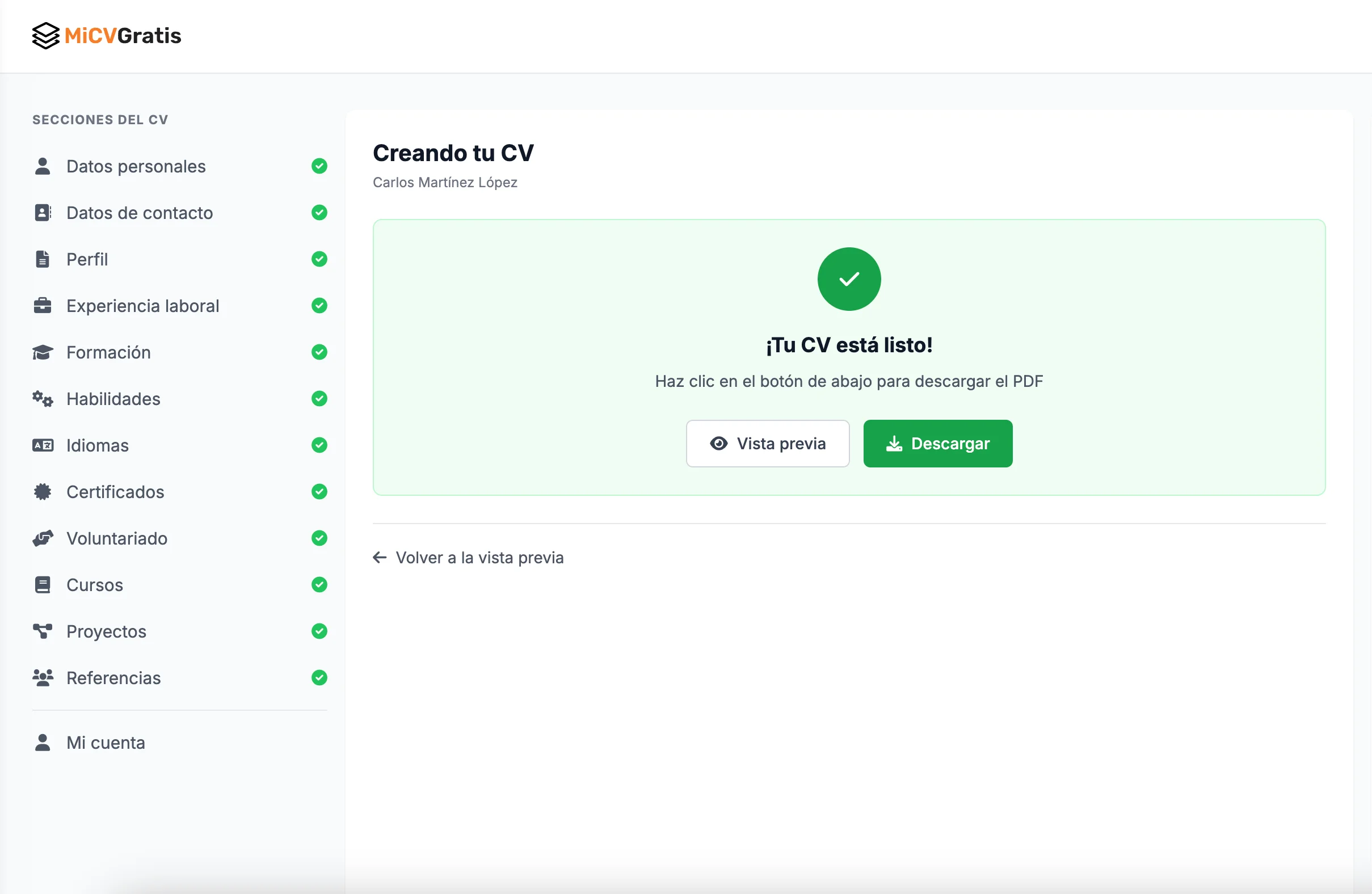 Panel de MiCVGratis - Descarga tu CV sin pagar