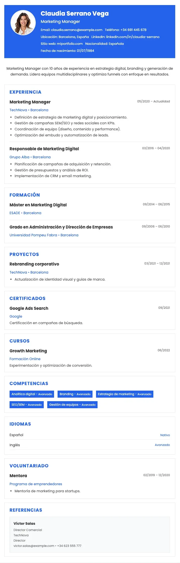 Ejemplo de CV de Marketing Manager