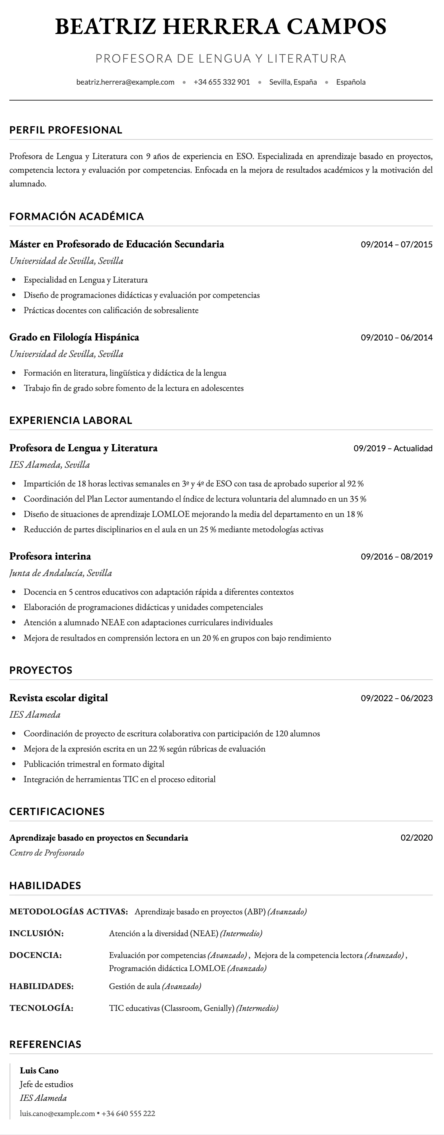 Ejemplo de CV de Profesor/a de Secundaria
