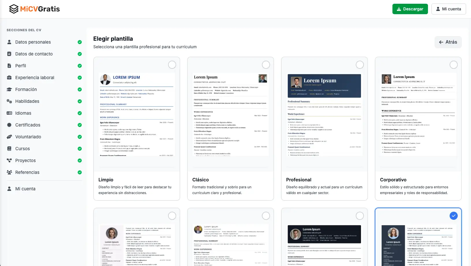 Elegir plantilla de currículum profesional